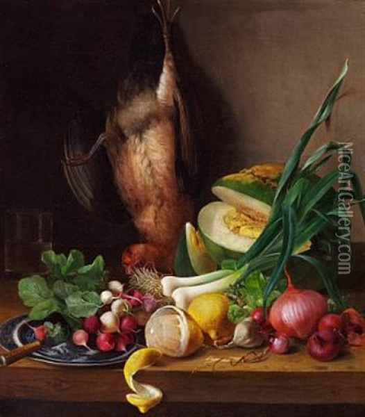 Still Life With Game Bird, Radishes, Lemons And Different Types Of Onions Oil Painting - Johanne Simonsen