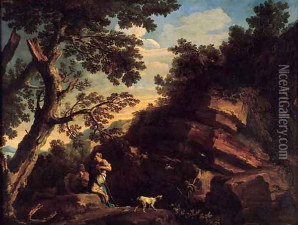 A rocky river landcsape with figures conversing beneath a tree and a dog barking at flying birds Oil Painting - Andrea Locatelli