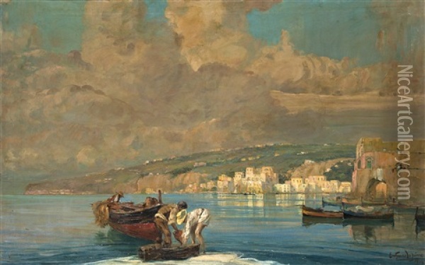 Marina Con Pescatori Oil Painting - Ezechiele Guardascione