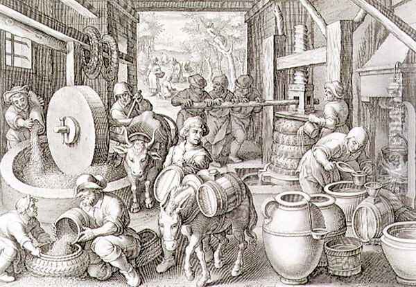 The Production of Olive Oil, plate 13 from Nova Reperta New Discoveries engraved by Philip Galle 1537-1612 c.1600 2 Oil Painting - Giovanni Stradano