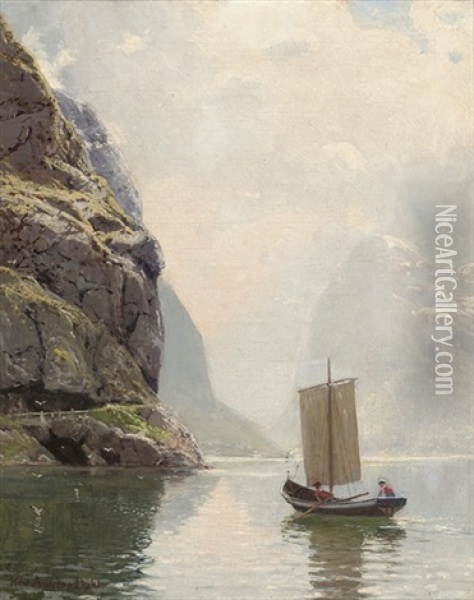 Rowing On A Fjord Oil Painting - Hans Andreas Dahl