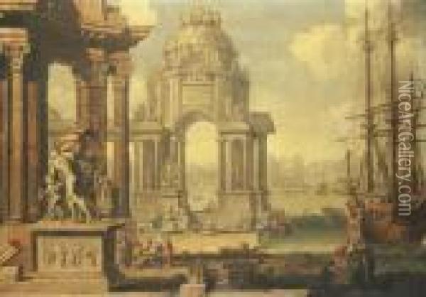 A Capriccio Of A Mediterranean Harbour Oil Painting - (Giovanni Antonio Canal) Canaletto