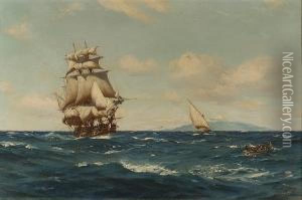 Frigate (latter End Of 18th. 
Century) Recovering Her Boat Which Had Been Lowered To Rescue A Man Oil Painting - Thomas Jacques Somerscales