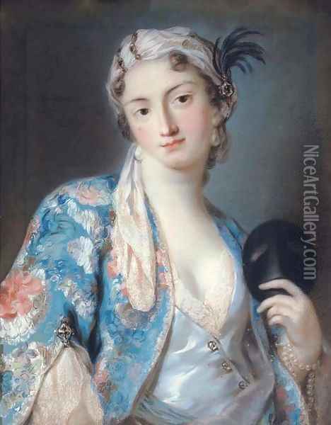 Portrait of a young lady in oriental costume, holding a carnival mask Oil Painting - English School