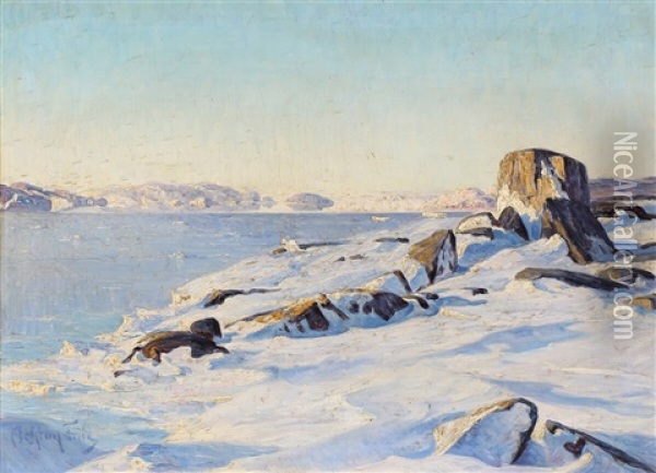 A Snow-covered Coastal Landscape In Greenland Oil Painting - Achton Friis