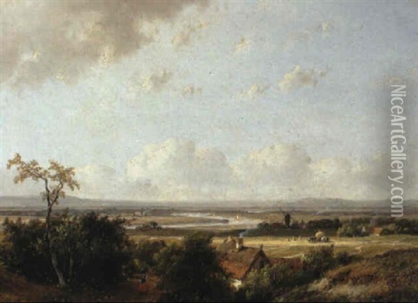 Extensive River Landscape With Peasants Harvesting Oil Painting - Andreas Schelfhout