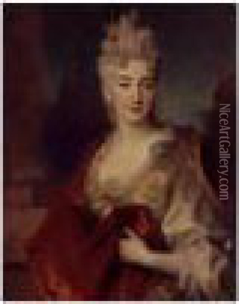 Portrait Of A Lady, Said To Be 
The Comtesse De Courcelles, Standing Before A Landscape And A Column Oil Painting - Nicolas de Largillierre