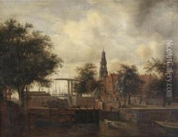 A View Of Amsterdam With The Haarlemmersluis Oil Painting - Meindert Hobbema