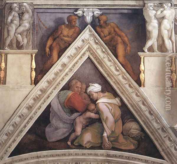 Ancestors of Christ - Uzziah, parents, and a brother Oil Painting - Michelangelo Buonarroti