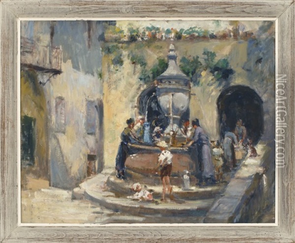 Southern France - The Fountain Oil Painting - Arthur William Woelfle