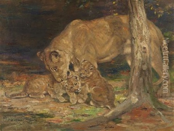 Lioness And Cubs Oil Painting - William Walls