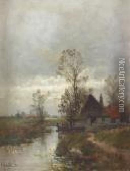 Abendliche Landschaft Mit Bauernhaus. Oil Painting - Johann Jungblutt