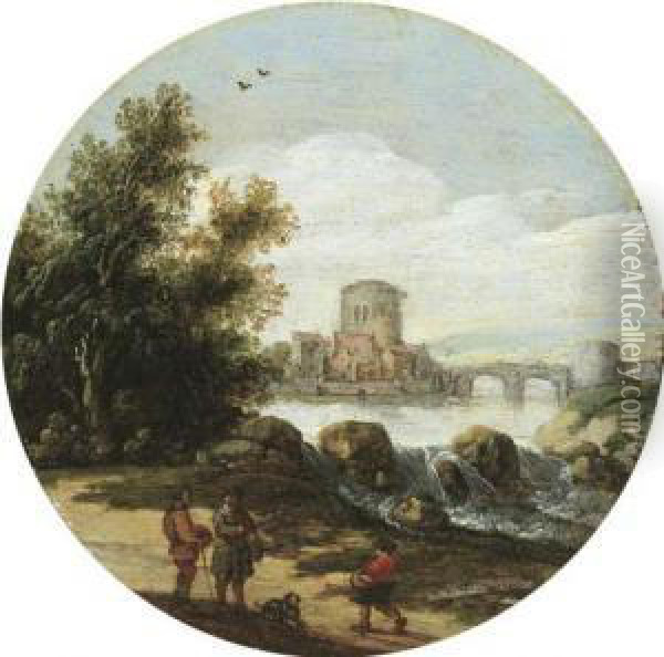 A River Landscape With Travellers On A Path Near A Waterfall, A Small Village Beyond Oil Painting - Esaias Van De Velde