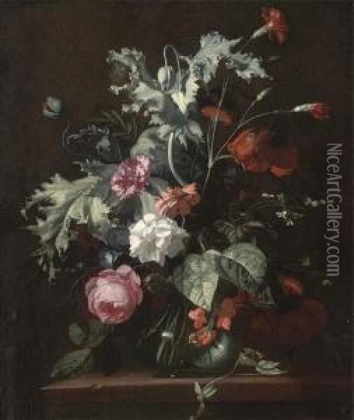 Roses, Morning Glory And Other Flowers In A Glass Vase On A Woodedledge Oil Painting - Simon Pietersz. Verelst