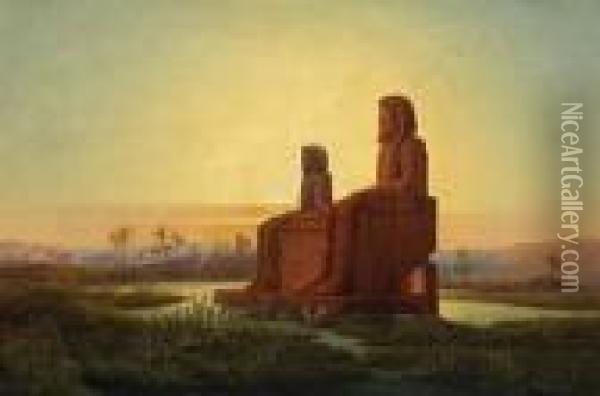 Dawn Over The Collosi Of Memnon Near Thebes Oil Painting - Eduard Hildebrandt