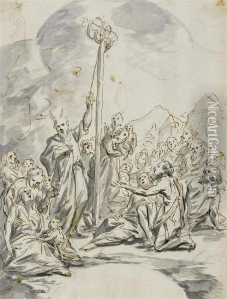 Moses Summons The Protection Of The Bronze Snake Oil Painting - Johann Heinrich Schonfeld