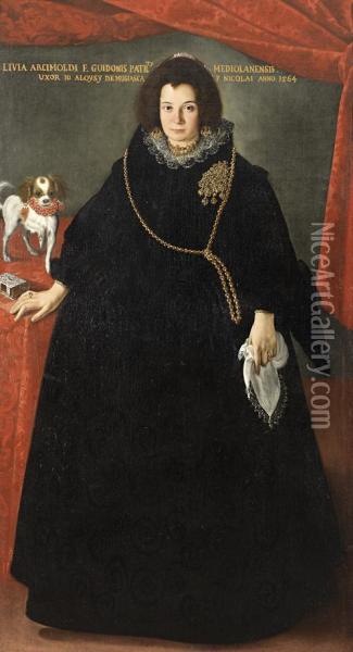 Portrait Of A Lady, Full-length,
 In A Blackdress With A Gold Chain And Brooch, A White Handkerchief In 
Herleft Hand, Standing Beside A Lap Dog And A Sliver-bound Prayer Bookon
 A Table Draped With A Red Cloth Oil Painting - Pier Francesco Cittadini Il Milanese