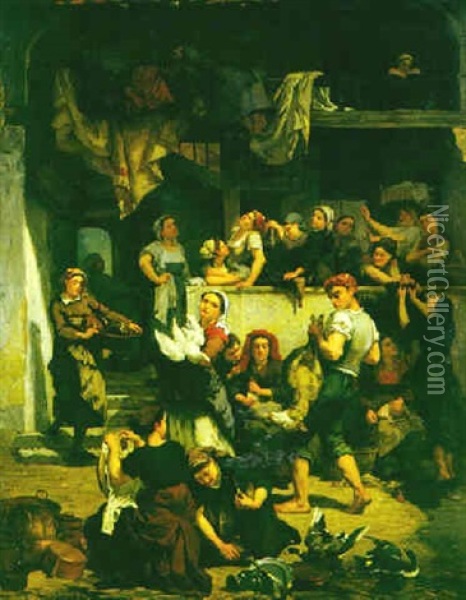 Cour D'une Auberge, La Veille D'une Fete Oil Painting - Amedee Guerard