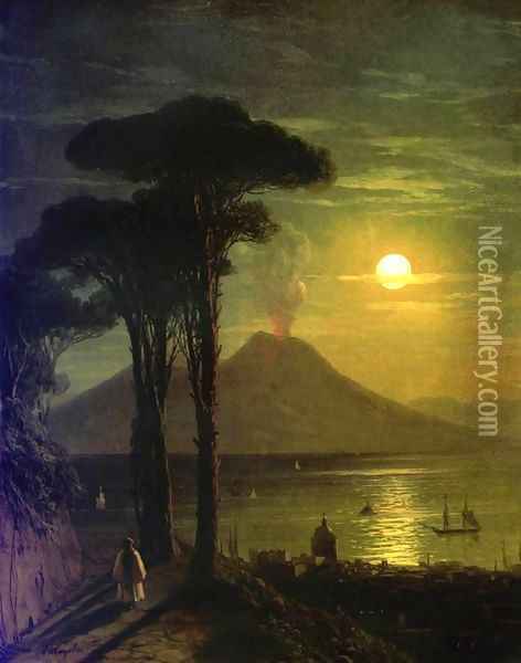 The Bay of Naples at moonlit night Vesuvius Oil Painting - Ivan Konstantinovich Aivazovsky