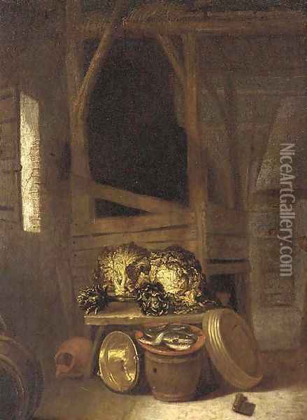 Artichokes, cabbages, a plate of fish, a copper pot and barrels in a barn interior Oil Painting - Hendrick Maertensz. Sorch (see Sorgh)