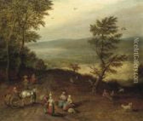 An Extensive Wooded Landscape With Peasants On A Track Oil Painting - Jan Brueghel the Younger