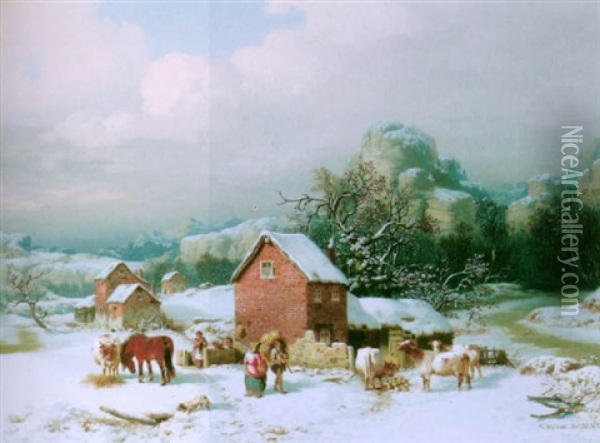 Winter Landscape With Farm Buildings And Animals Oil Painting - William Malbon