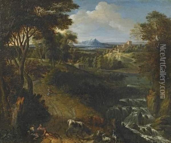 Paysage A La Cascade Et Au Troupeau Oil Painting - Francisque I Millet