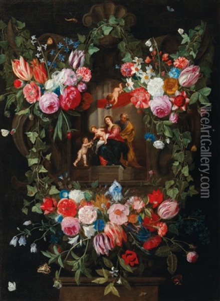 A Wreath Of Flowers Surrounding A Cartouche With The Holy Family And Putti Oil Painting - Jan van Kessel the Elder