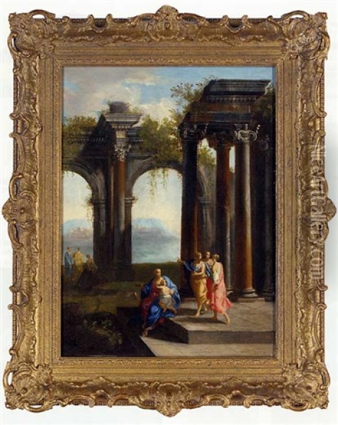 A Capriccio Of Classical Ruins With Elegant Figures And Mountains Beyond Oil Painting - Giovanni Ghisolfi