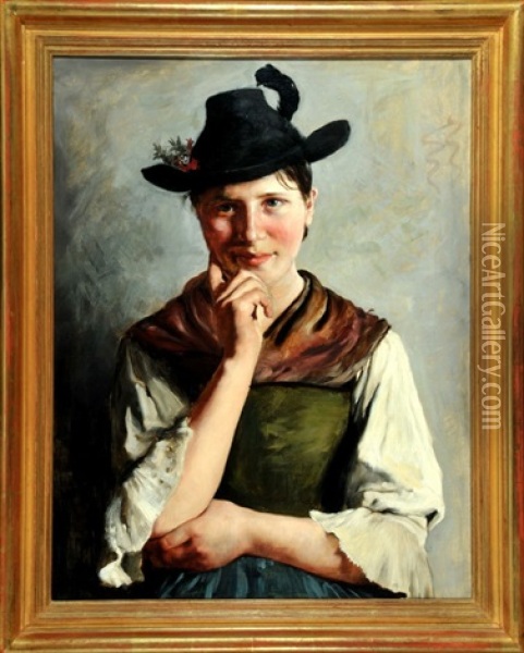 Halbportrait Einer Jungen Frau Im Dirndl Und Mit Trachtenhut Oil Painting - Emil Rau