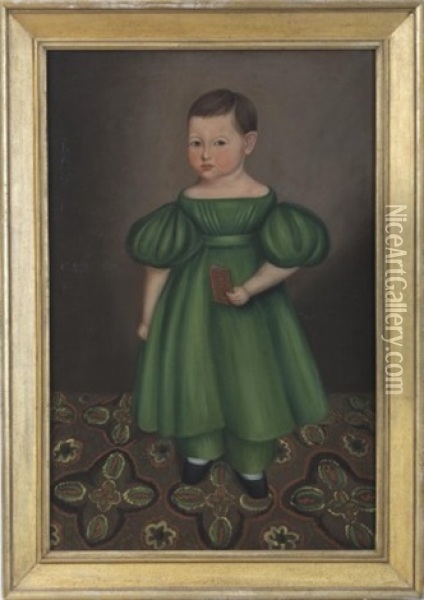 Child In A Green Dress Standing On A Patterned Carpet Oil Painting - Joseph Whiting Stock