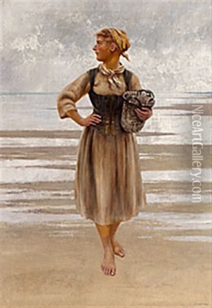 Staende Musselplockerska Oil Painting - August Vilhelm Nikolaus Hagborg