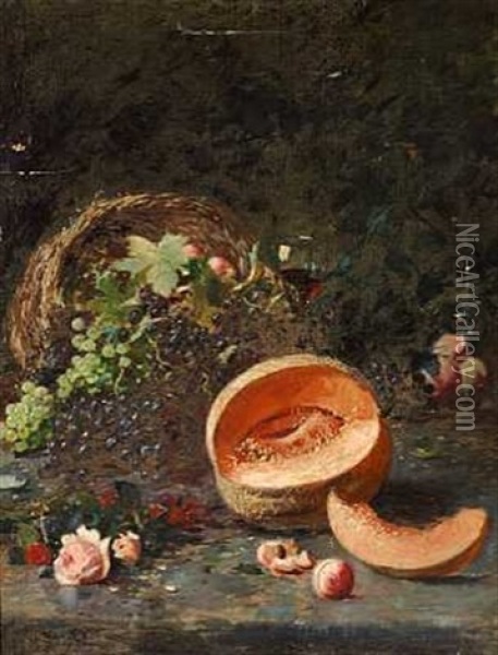 Opstilling Med Druer, Blomster Og Melon Oil Painting - Carl Carlsen