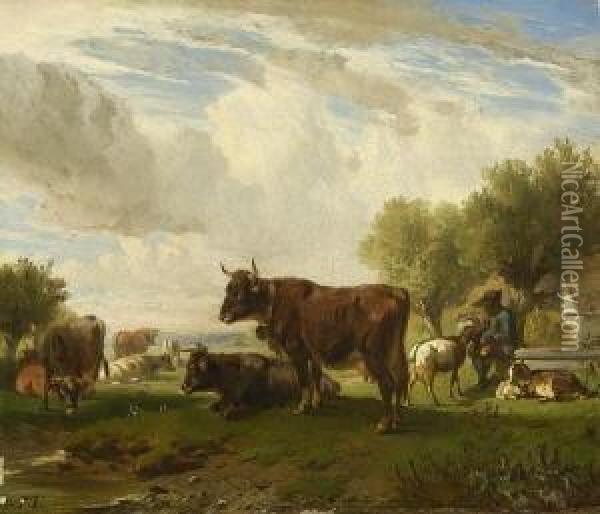 Rastender Hirte Mit
 Herde. Oil Painting - Friedrich Johann Voltz