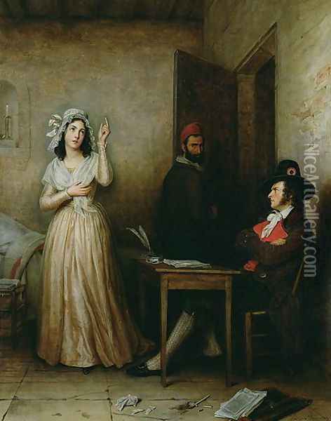 Charlotte Corday 1768-93 Questioned in her Cell, c.1836 Oil Painting - M.F. Thomas