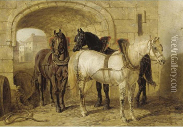 Horses In The Stable Yard Oil Painting - John Frederick Herring Snr