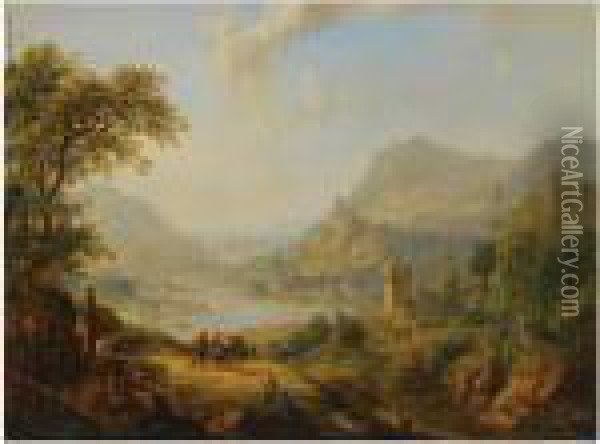 An Extensive Rhenish Landscape 
With Shepherds And Travellersresting On A Path In The Foreground, A View
 Of A Castle And Avillage Beyond Oil Painting - Christian Georg Schuttz II