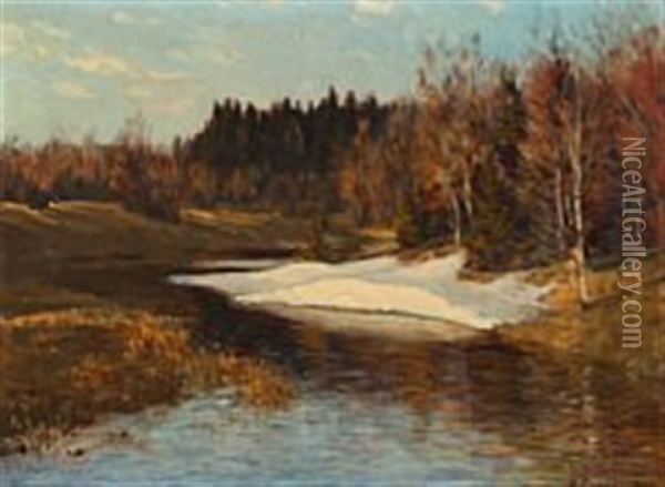 The Snow Is Melting By A Russian Stream Oil Painting - Dimitri Emil'evich Marten