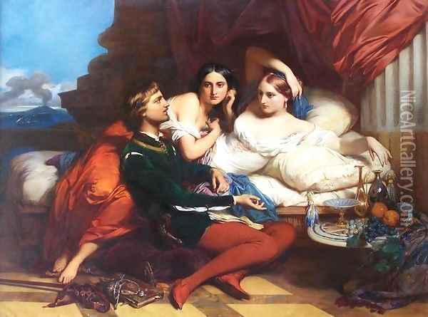 Boccaccio Reading the Decameron to Queen Joanna of Naples Oil Painting - Baron Gustave Wappers