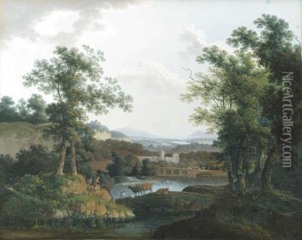 An Extensive Wooded River 
Landscape With Shepherds And Their Cattle In The Foreground, A City 
Beyond Oil Painting - Martheus Derk Knip
