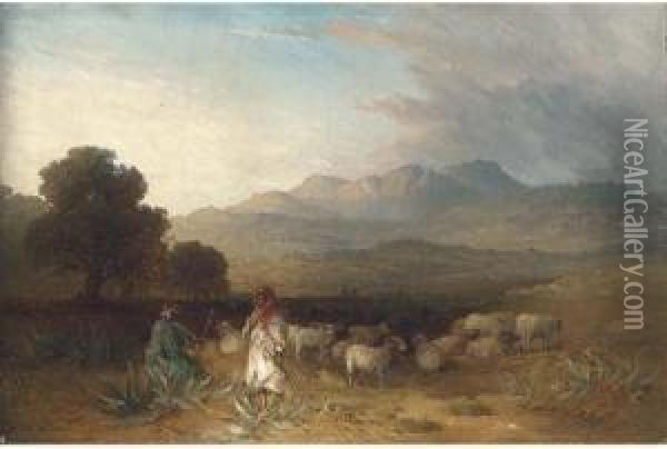 Arab Figures With A Flock Of Sheep In A Landscape Oil Painting - Paul H. Ellis