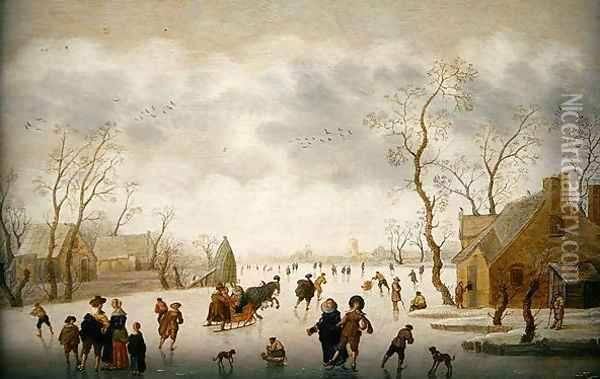 Winter landscape with skaters and colf players Oil Painting - Antoni Verstralen (van Stralen)