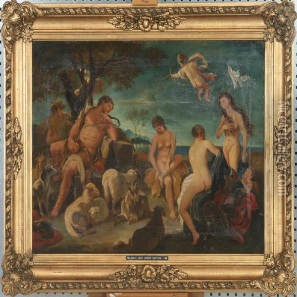 Scenewith Prins Paris, Naked Women, Amor And Animals Oil Painting - Francois Louis Joseph Watteau