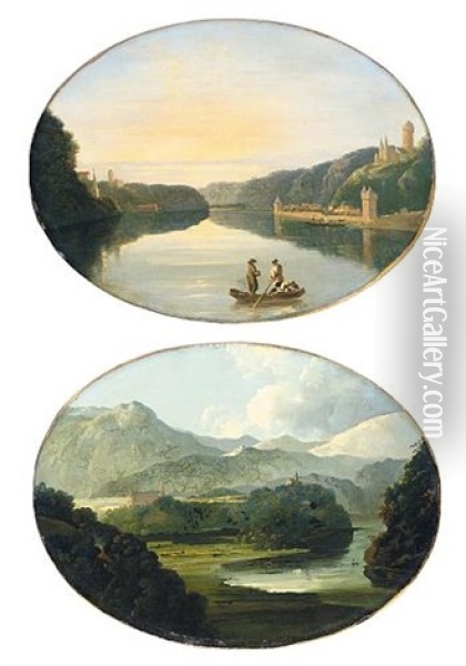 A View Of The Rhine In Germany (+ A View Of The Mountains Of Switzerland; Pair) Oil Painting - William Hodges