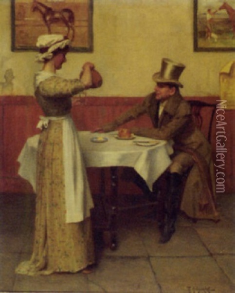 Maid Pouring A Drink For A Gentleman Oil Painting - Rowland Holyoake