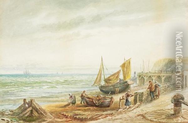 Coast With Fischermen On The Beach Oil Painting - Thomas Bush Hardy