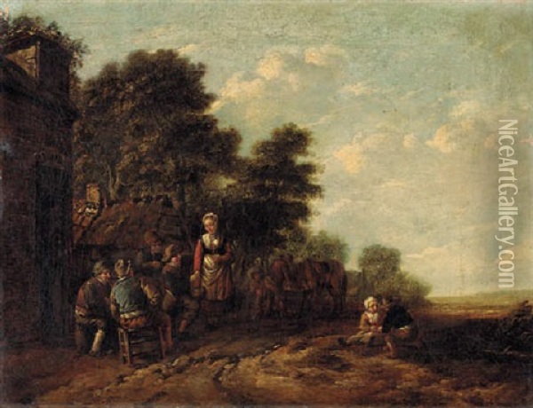 Peasants Carousing And Flirting With A Milkmaid Outside An Inn Oil Painting - Barend Gael