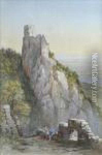 Figures At Thefoot Of A Castle Topped Crag, An Extensive Landscape Beyond Oil Painting - Edwin Thomas Dolby
