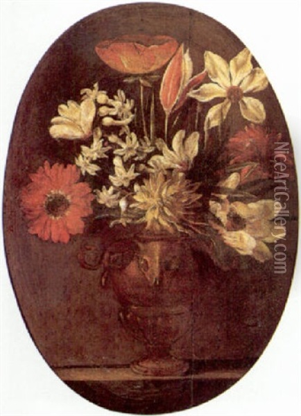 Still Life Of Flowers In A Vase, Decorated With Skulls Oil Painting - Giacomo Recco