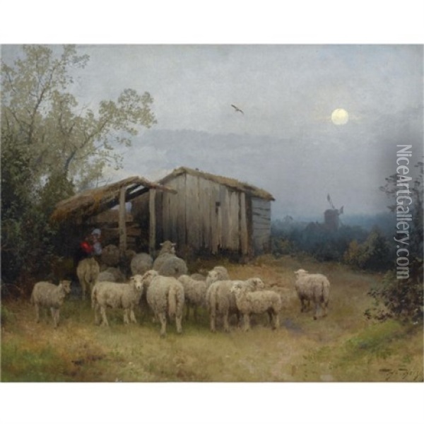 A Shepherd And His Flock By A Shed Oil Painting - Hermann Herzog